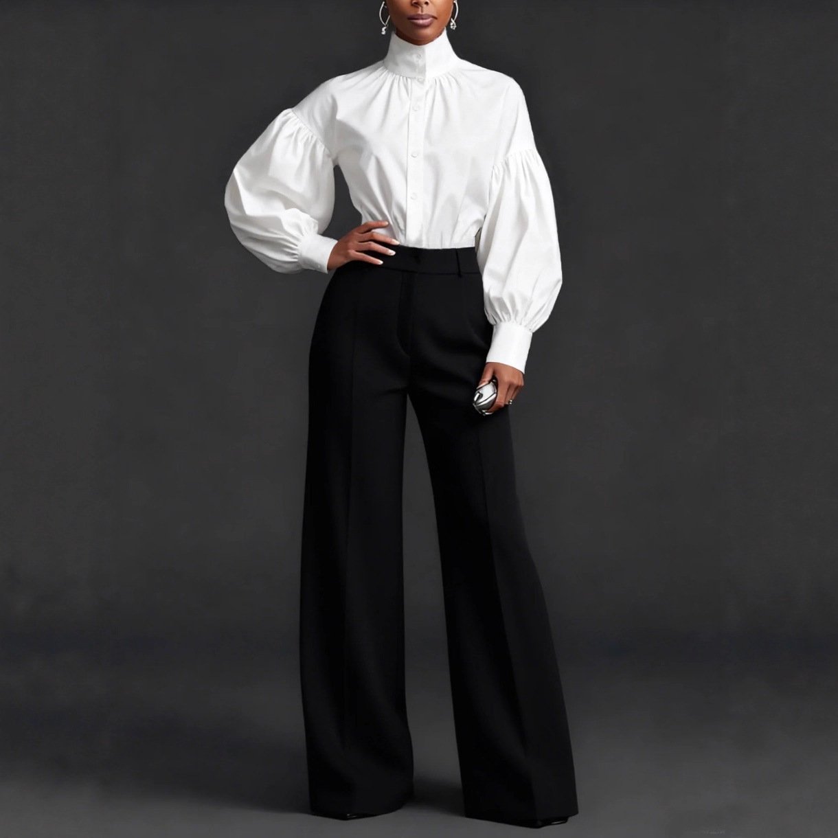 Stylish And Elegant Womens Pleated High-neck Blouse With Puffed Sleeves - Image 3