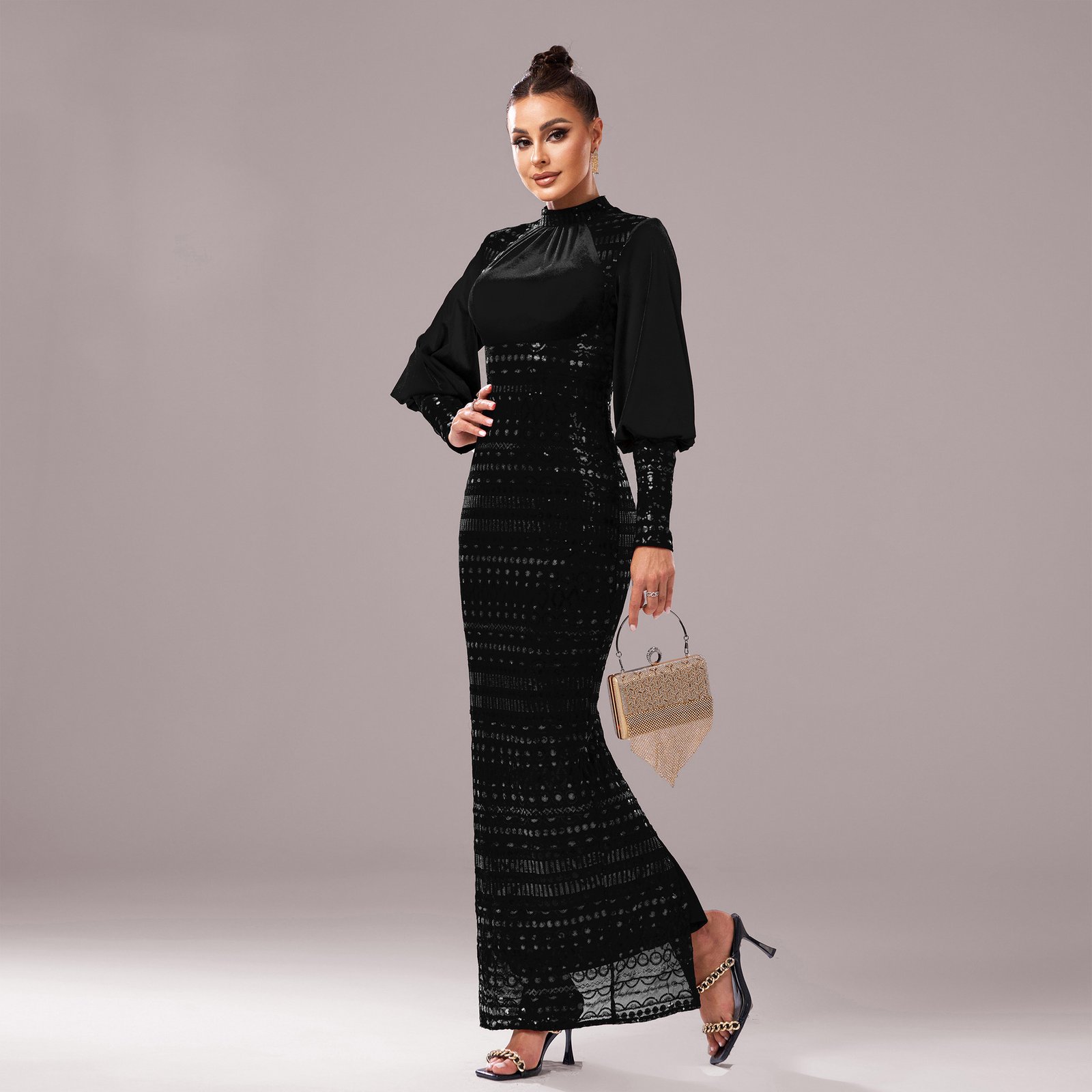 Long Sleeve Round Neck Sequins Slit Evening Dress - Image 5
