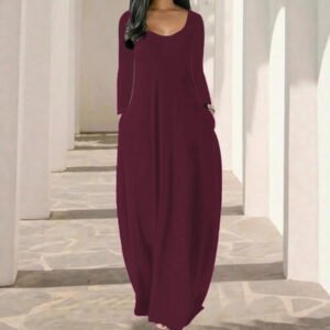 Womens Solid-Color Crew-Neck Long-Sleeve Dress With Pockets
