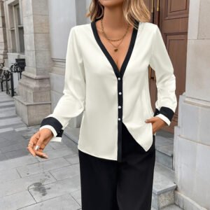 Elegant Style Pearl Button T-shirt Deep V-neck Color-block Single-breasted Shirt