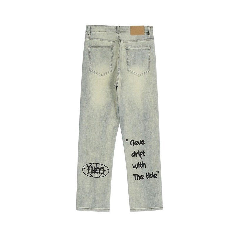 American Vintage Washed Distressed Yellow Mud Dye Letter Print Jeans - Image 5