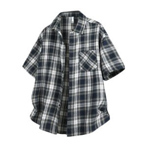 Mens Casual Short-sleeve Plaid Shirt Jacket
