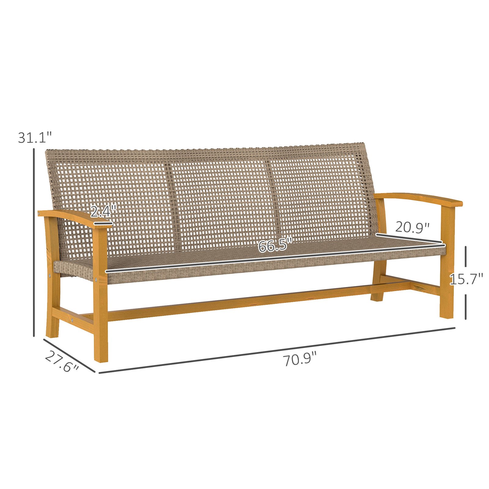 3-Seat Wicker Outdoor Couch Patio Sofa, Acacia Wood Patio Furniture With Steel Seat Armrests, Capacity, Teak - Image 5