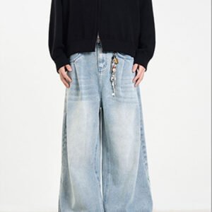 Retro Side Double Oblique Pleated Washed Blue Jeans For Men And Women