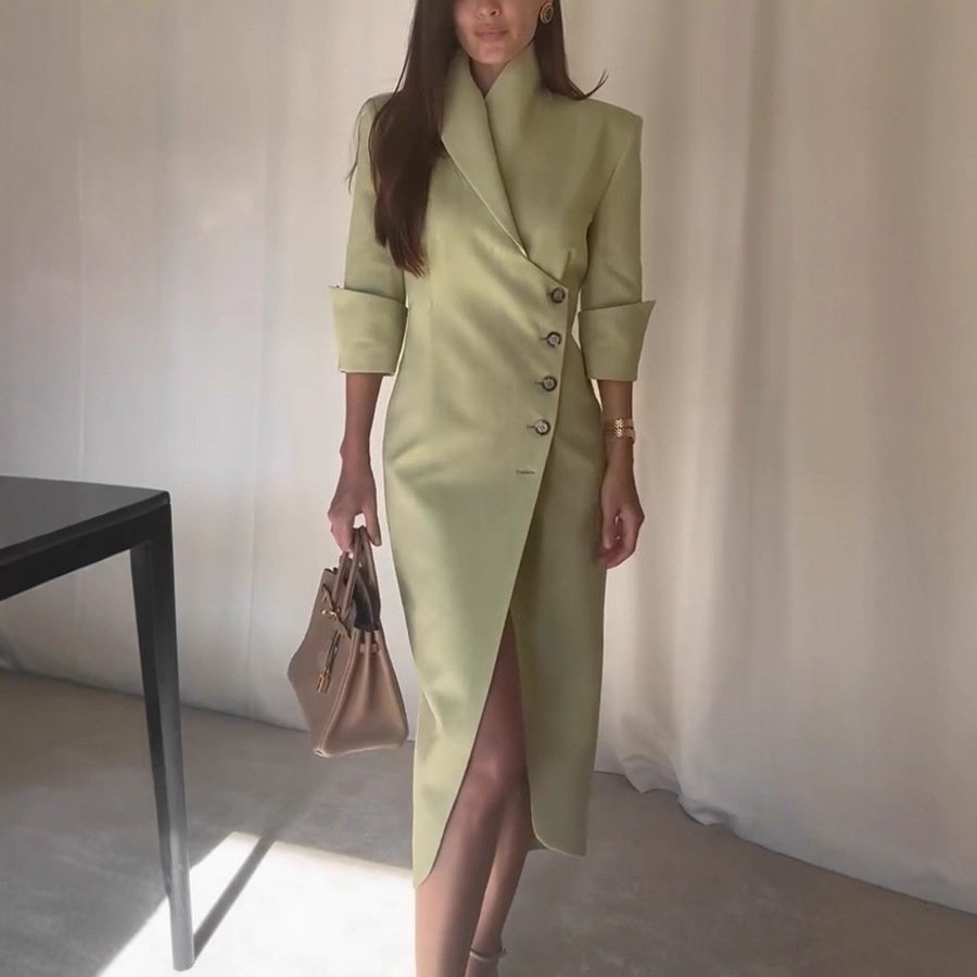 Women's Slim-fit Fashionable Suit-style Slanted-neck Solid-color Dress