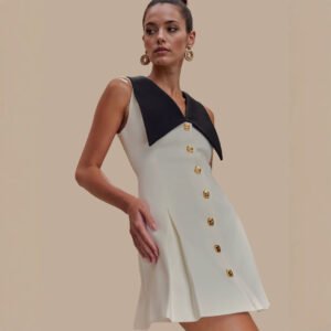 Womens Notched-Neck Metal-Button Sleeveless Elegant Waist-Cinching Dress