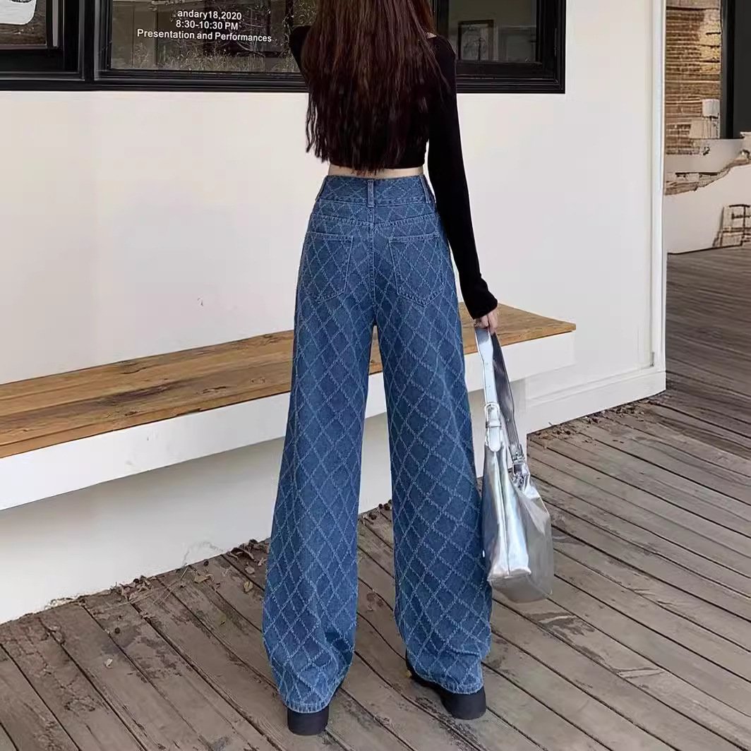Summer Ladies New Loose Drooping Slimming Jacquard Design Straight-leg Denim Trousers - Image 2