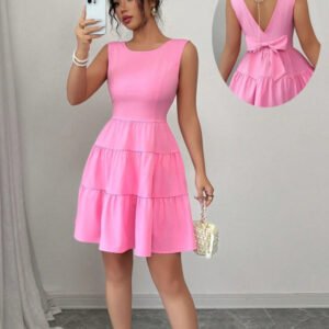 Solid-color Backless Bow-knot Sleeveless Mini Dress