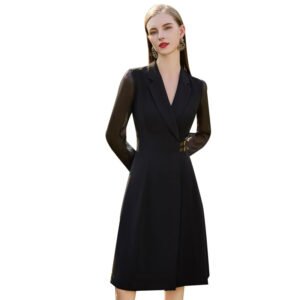 Stylish Black Lace-sleeve Waist-cinched Dress