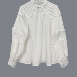 Womens Solid-Color Crochet Hollowed-Out Flare-Sleeve Shirt