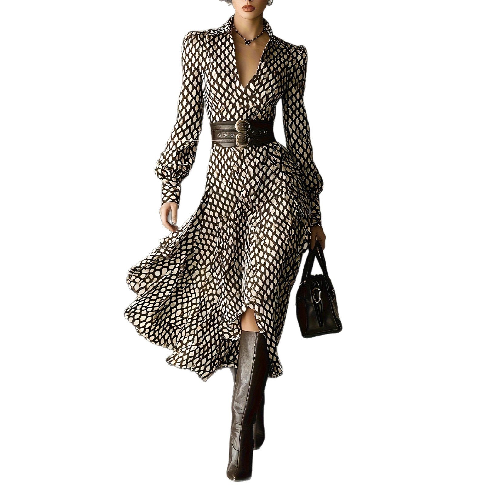 V-neck Puffy Long-sleeve High-waisted A-line Maxi Skirt For Women - Image 5