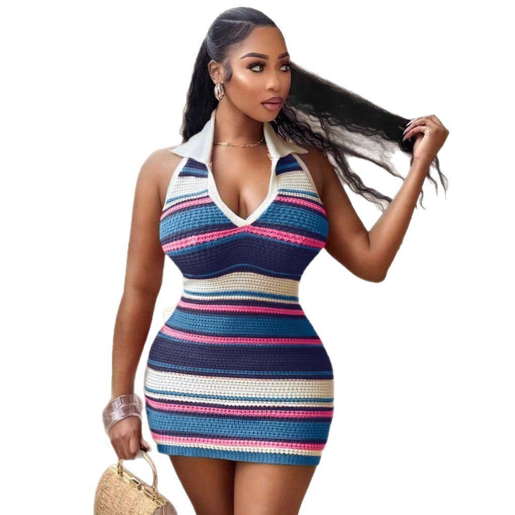 Women's Striped Sexy V-Neck Halter Knitted Sheath Dress - Image 5