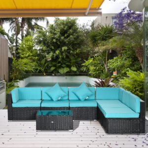 7-Piece Patio Furniture Set, Outdoor Wicker Conversation Set, All Weather PE Rattan Sectional Sofa Set with Cushions and Tempered Glass Top Coffee Table, Pillows, Turquoise