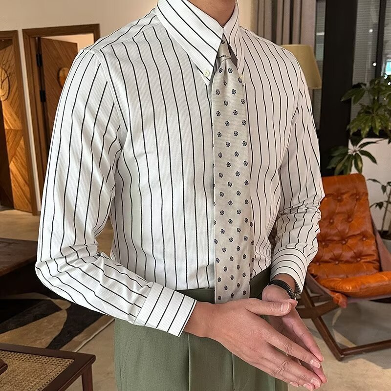 Lapel Vintage Stripe Versatile Slim-fit Long Sleeve Shirt - Image 5