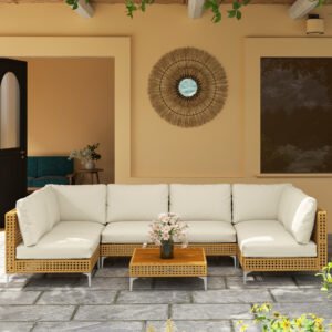 7 Piece Wicker Patio Furniture Set, Modular Outdoor Sectional with Thickened Cushions, Acacia Wood Table, Khaki/Beige