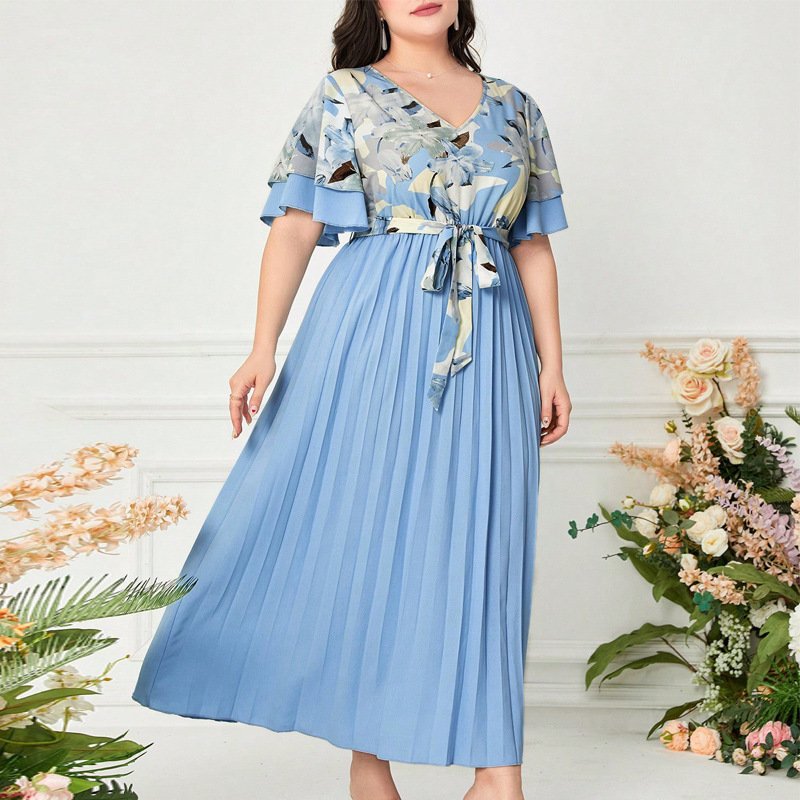 Printed V-neck Spliced Slim-fit Ladies Dress - Image 3