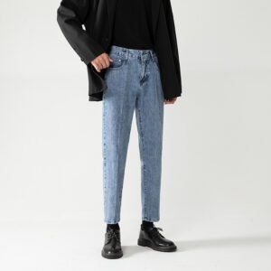 Men's Loose Straight Light Blue Cropped Pants