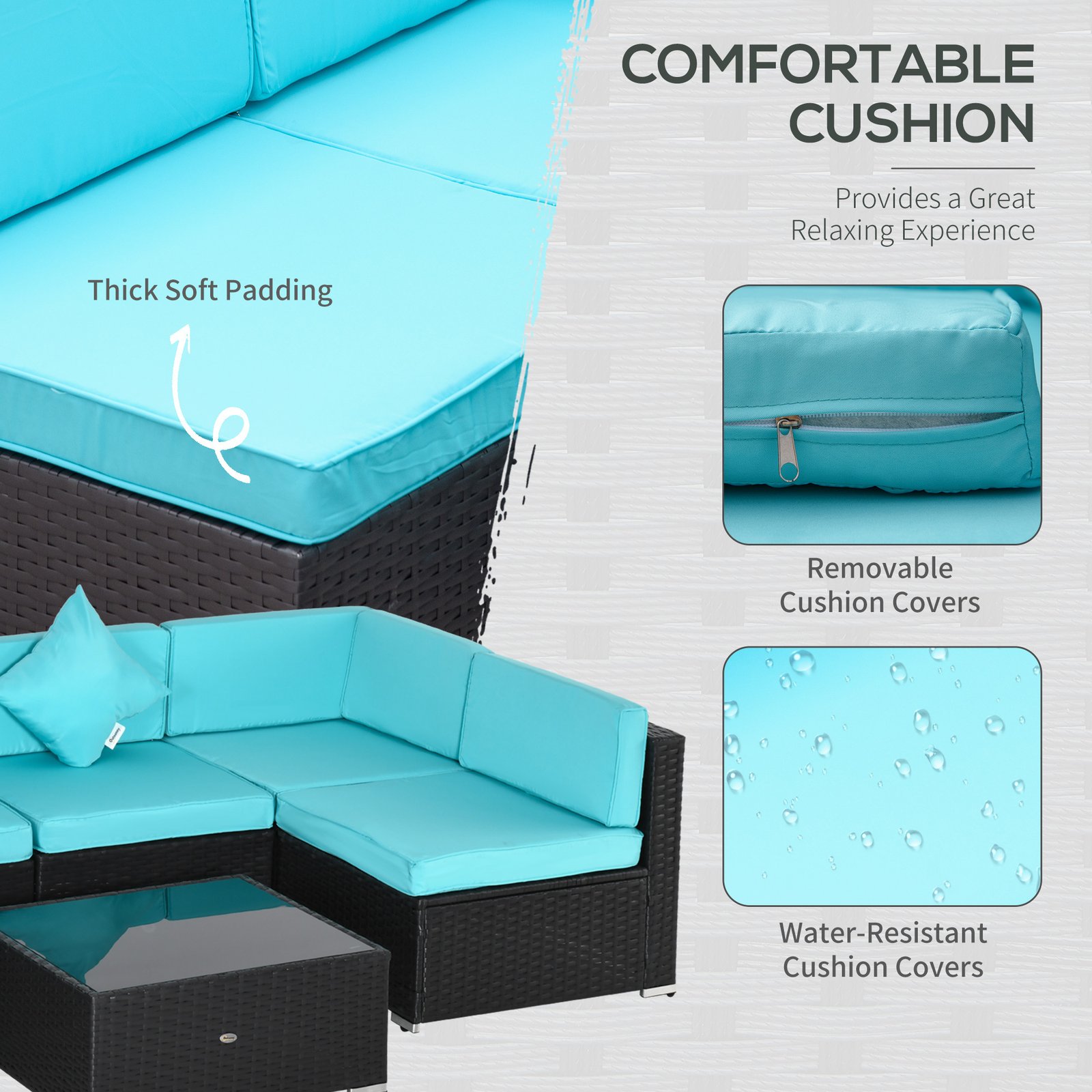 7-Piece Patio Furniture Set, Outdoor Wicker Conversation Set, All Weather PE Rattan Sectional Sofa Set with Cushions and Tempered Glass Top Coffee Table, Pillows, Turquoise - Image 5