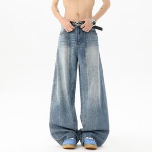 Retro Blue Denim Mens Loose Wide-leg Pants