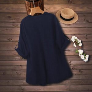 Plus-size Solid-color V-neck Top Springautumn Long-sleeve Relaxed-fit Button-up Elegant Shirt