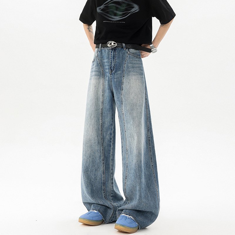 Retro Blue Denim Mens Loose Wide-leg Pants - Image 6