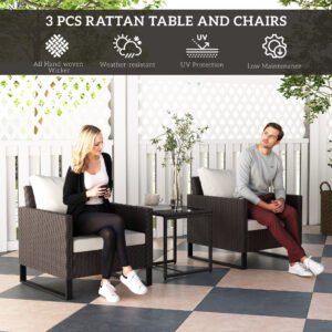 3 Pieces Rattan Bistro Set With 4 Cushions, Wicker Garden Furniture Set, Glass Top Coffee Table And Chairs For Outdoor Patio, Balcony, Terrace And Conservatory, Brown