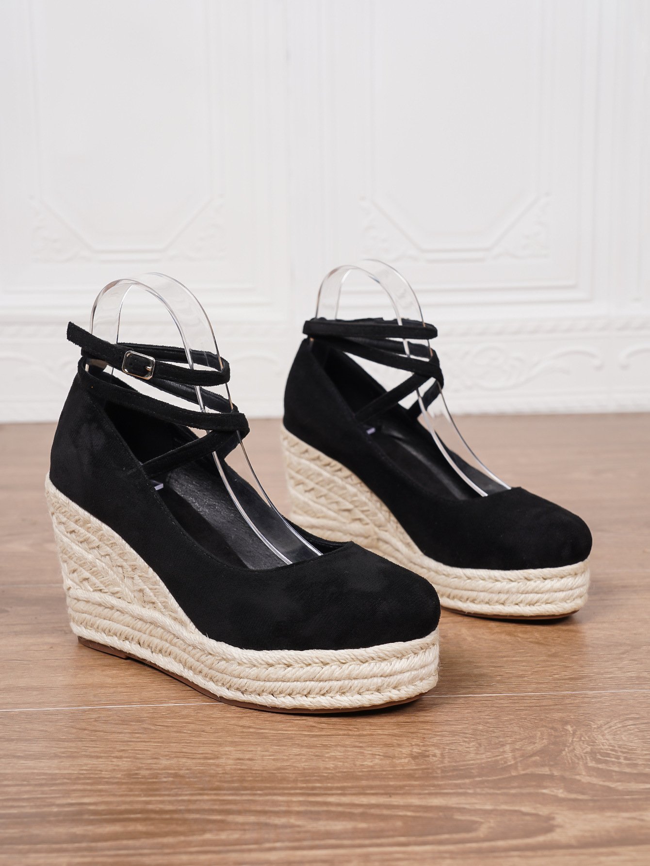 Solid Color Women's Ankle Strap Straw Woven Wedge Platform Shoes - Image 5