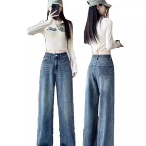 Korean Style Rhinestone High Waist Narrow Wide Leg Jeans