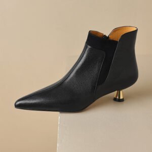 Genuine Leather Pointed-toe Kitten Heel Ankle Boots With A Sleek Mid-heel Design