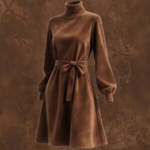 Women's Retro High-Neck Dress With Puffed Sleeves And Lace-Up Detail