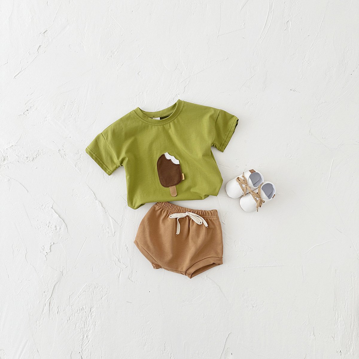 Girls' Casual Round Neck Cotton Ice Cream Patch Short Sleeve Shorts Suit - Image 6