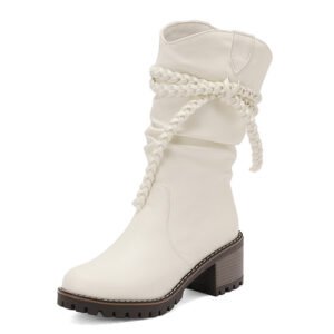 Womens Fashion Knitted Strap Mid-Calf Boots With Chunky Heels