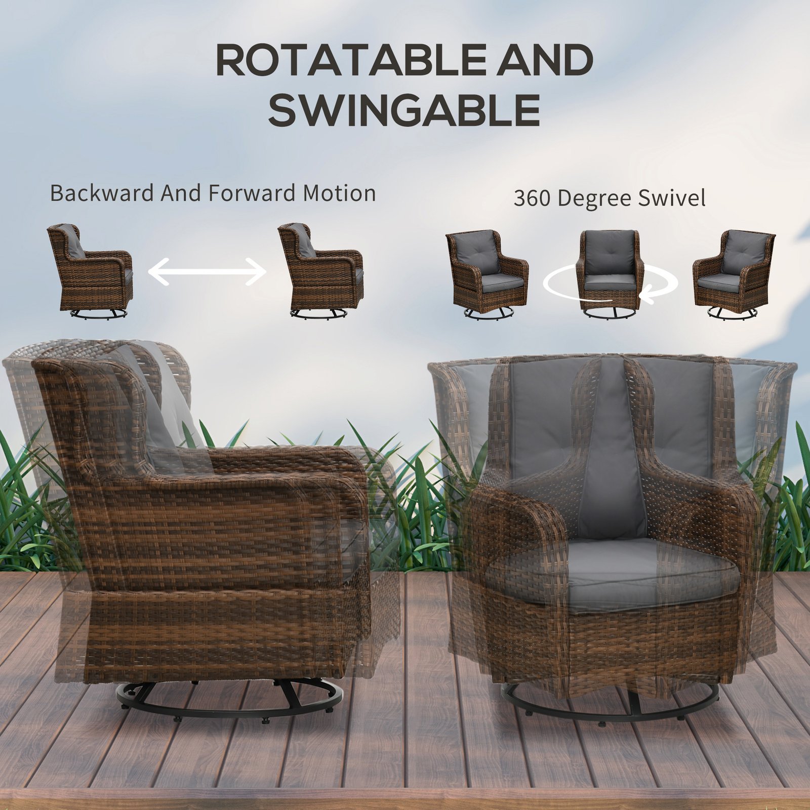 4 Piece PE Rattan Outdoor Patio Furniture Set, Wicker Conversation Set with 2 Swivel Glider Chairs, 2-Tier Glass Table and Loveseat for Garden, Patio, Poolside, Gray - Image 6