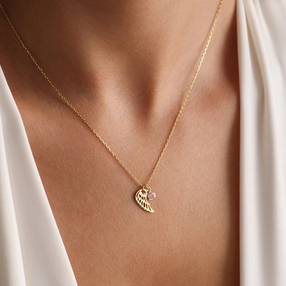 Golden Hollowed Angel Wings Pendant Necklace With Birthstone For Each Month - Image 3