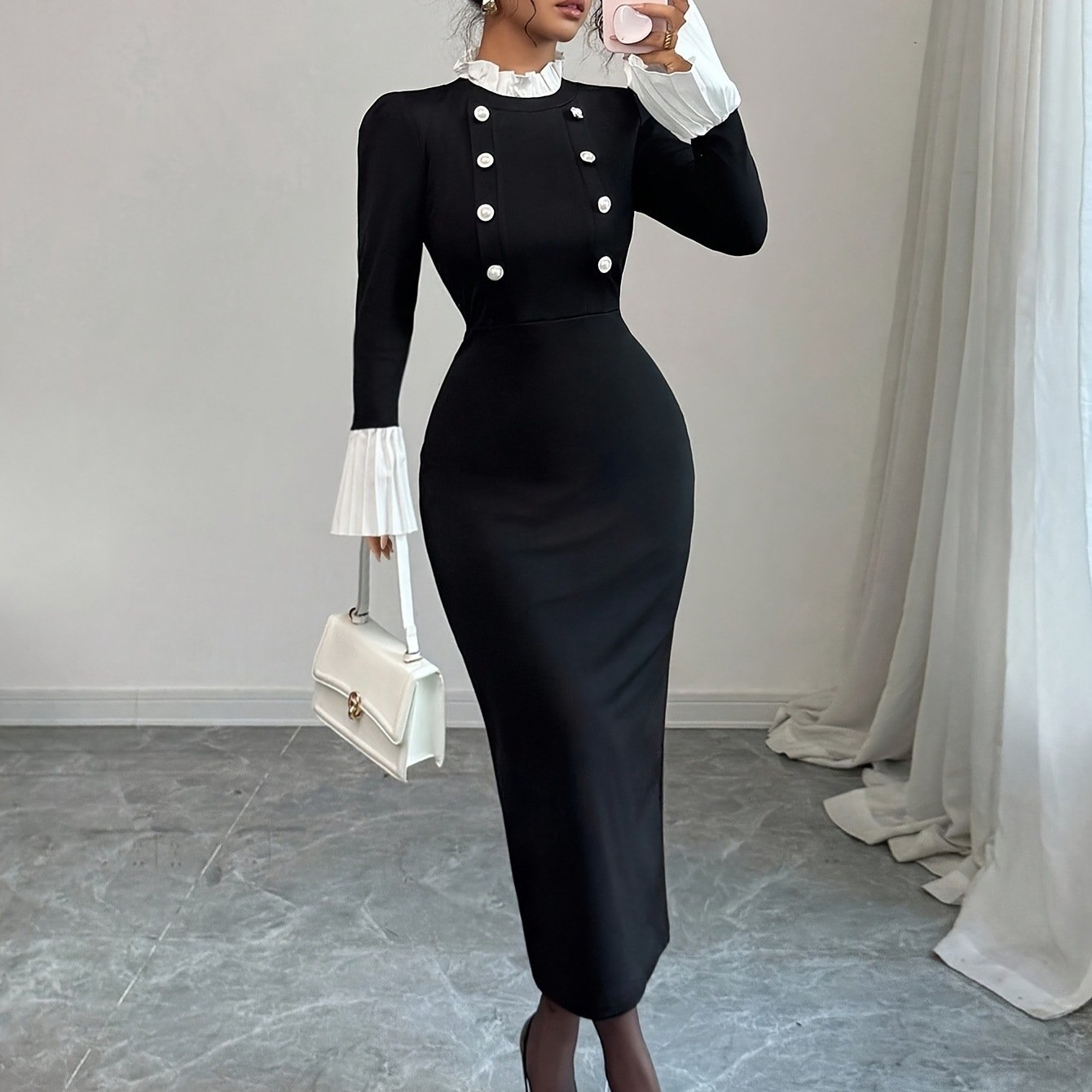 Elegant Knit Bodycon Dress Adorned With A Ruffled Hem And Striking Gold Contrast Buttons - Image 4