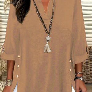 Plus-size Solid-color V-neck Top Springautumn Long-sleeve Relaxed-fit Button-up Elegant Shirt