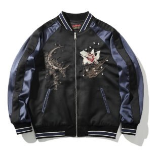 Heavy Duty Embroidered Nine Tailed Fox Mens Casual Baseball Jacket