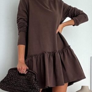 Womens Stylish Solid-color Pleated Crew-neck Dress