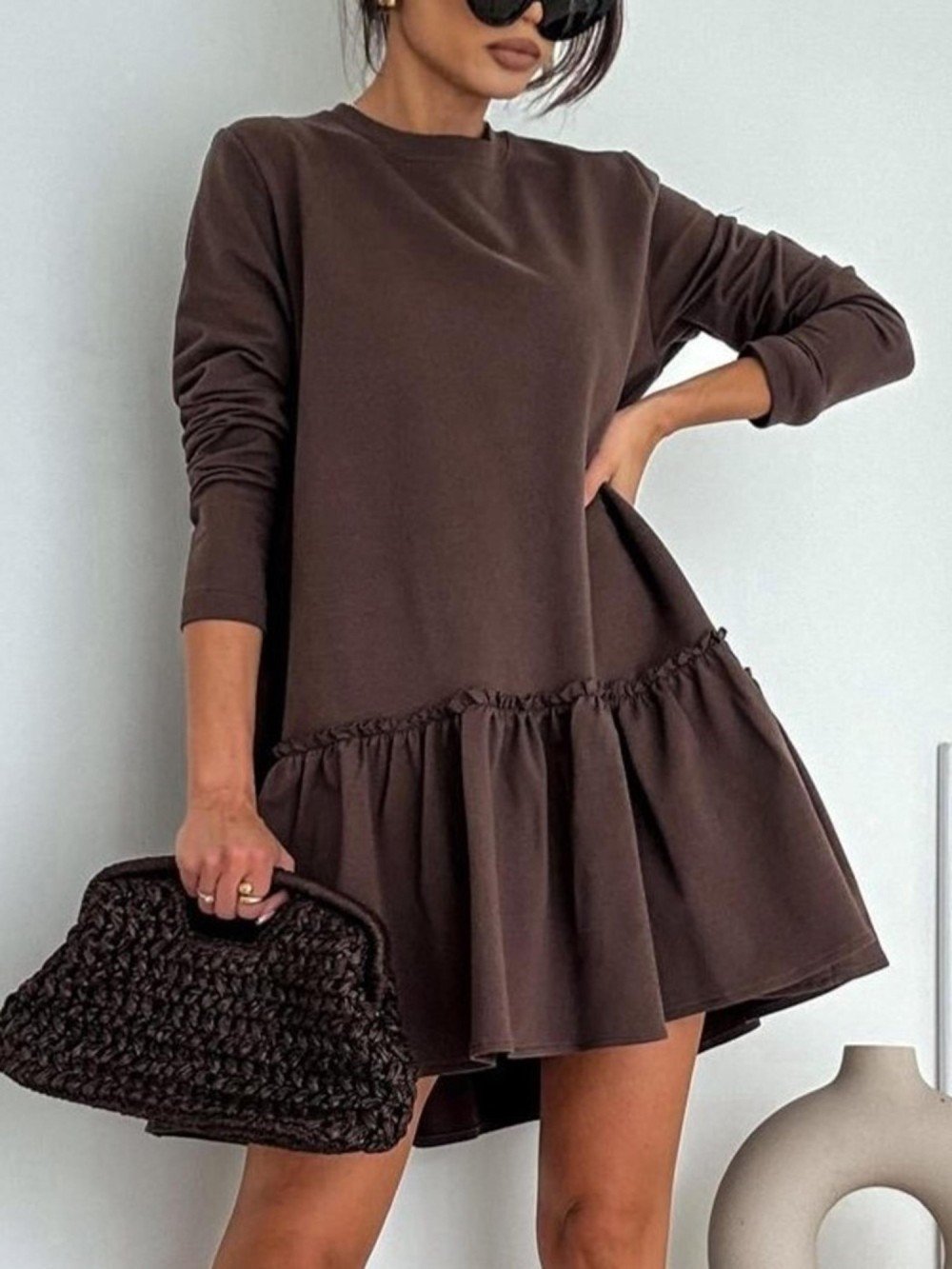 Womens Stylish Solid-color Pleated Crew-neck Dress - Image 7