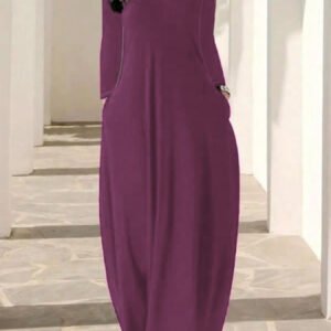 Womens Solid-Color Crew-Neck Long-Sleeve Dress With Pockets