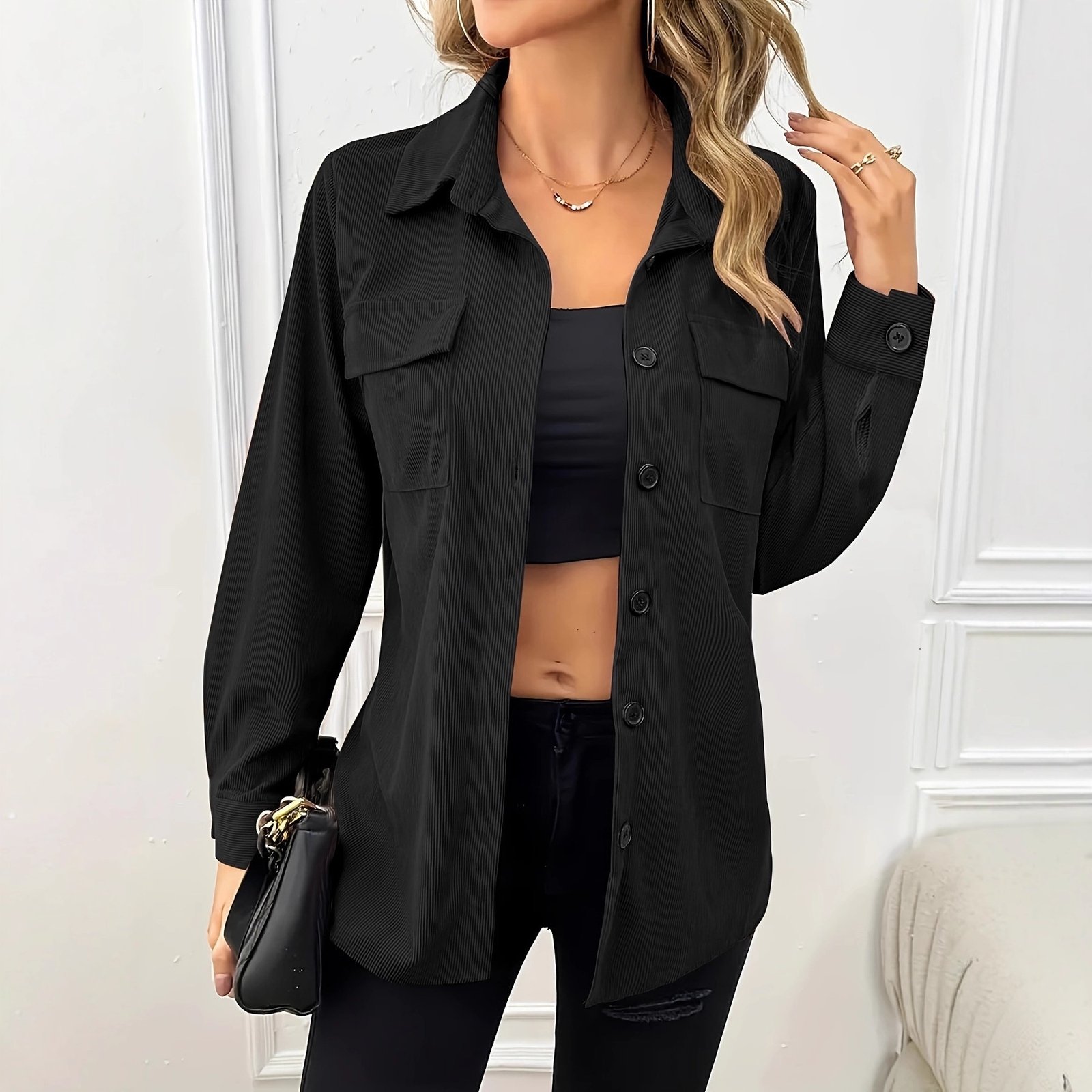 Corduroy Lapel Shirt Vintage Cardigan Pocket Shirt Coat Women - Image 3