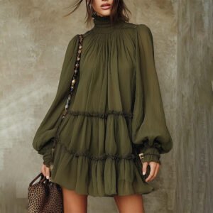 Elegant Relaxed-fit Long-sleeve Turtleneck Dress