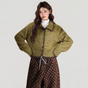 Polo Collar Striped Single-breasted Knitted Sweater Long Sleeve