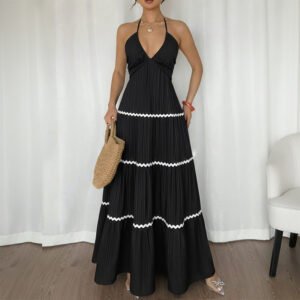 Womens Sleeveless V-Neck Halter Maxi Dress