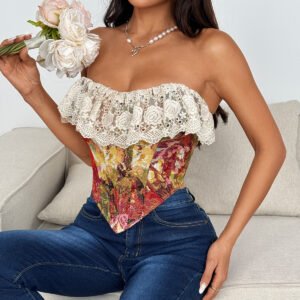 Retro Jacquard Oil Painting Patchwork Lace Sexy French-style Fishbone Vest