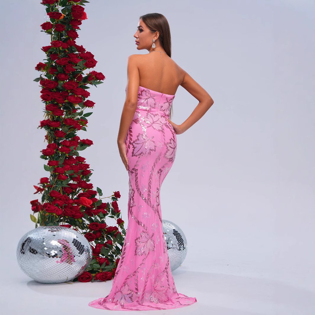 Wrapped Chest Off-neck Sheath Sequined Banquet Fishtail Evening Dress - Image 3