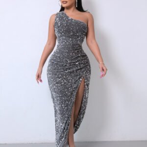 Foreign Trade Sleeveless One Shoulder Slash Neck Sequins Gorgeous Slit Women's Dress