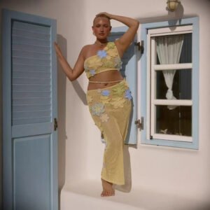 Three-dimensional Flower Lace-up Beads Off-shoulder Design Decoration See-through Suit