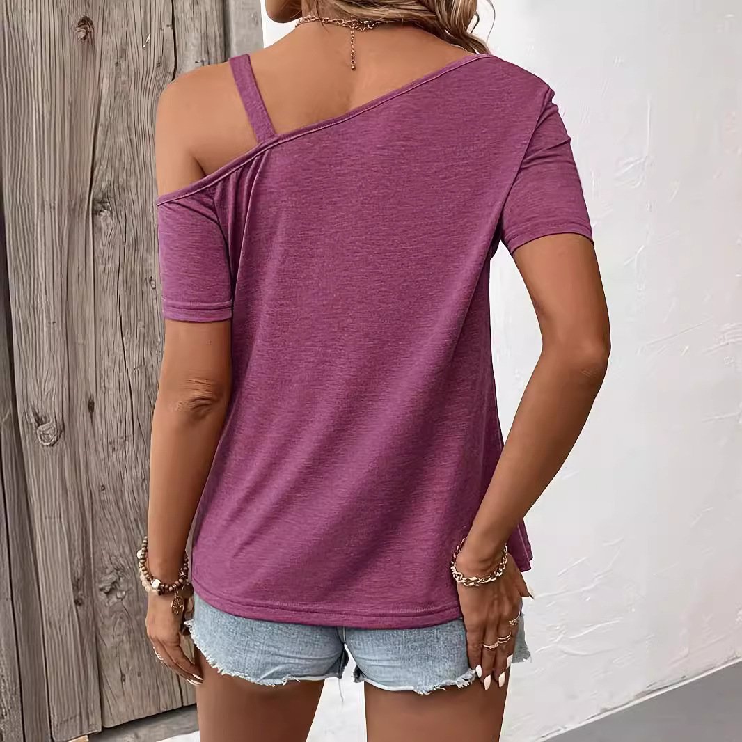 Asymmetrical Off-the-Shoulder Loose Short-Sleeve Top With A Single Metal Button - Image 2