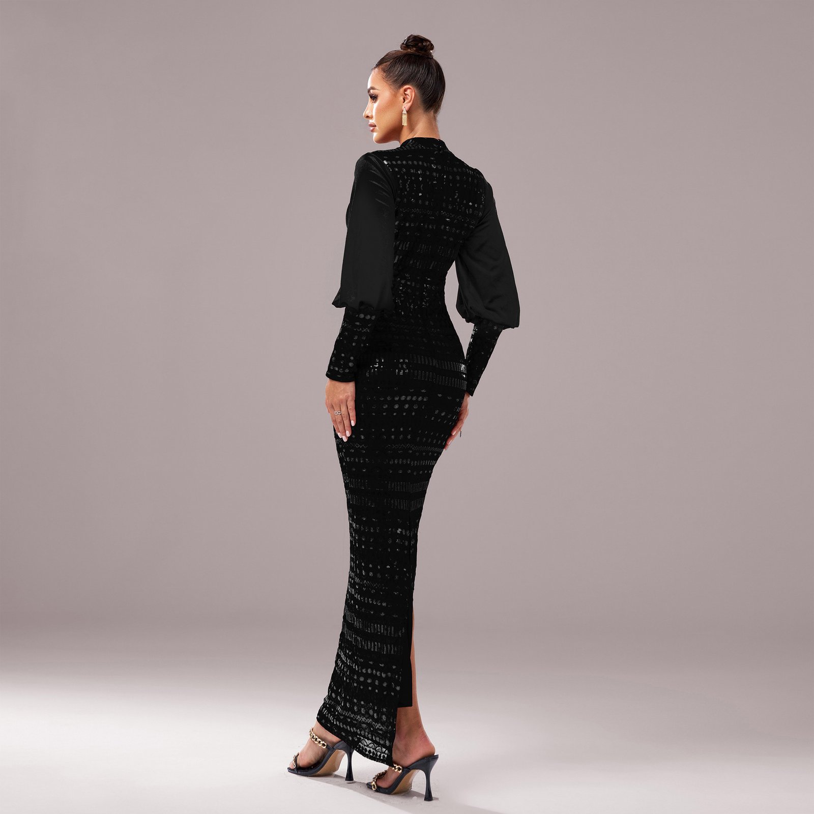 Long Sleeve Round Neck Sequins Slit Evening Dress - Image 3